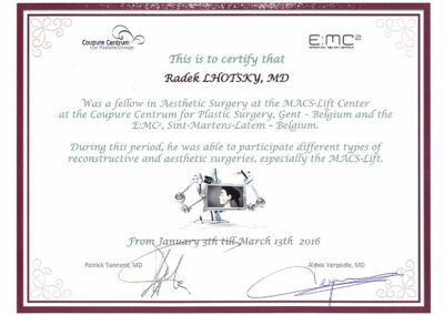 Certifikát Dr. Radek Lhotský - praxe Gent, 2016